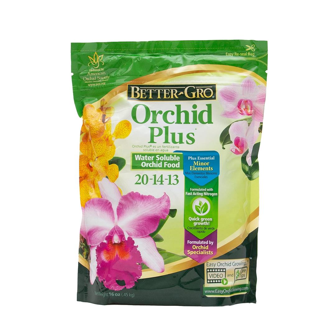 Better-GroOrchid Plus 20-14-13 - Urea-Free Orchid Fertilizer for Vigorous Growth, Water Soluble, Nitrate Nitrogen-Rich, Ideal for Indoor Potted Plants and Tropical Plants - 16 oz Resealable Bag