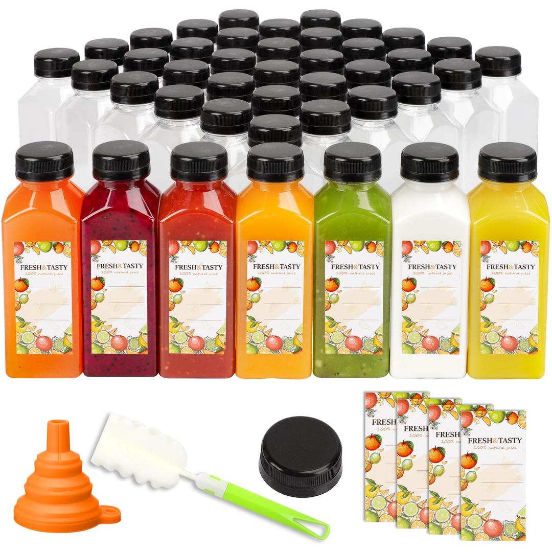 TOMNK 45pcs Juice Bottles, 12oz Reusable Juice Bottles with Caps and Labels, Funnel, Brush Beverage Containers for Juicing, Smoothies, Tea, Milk