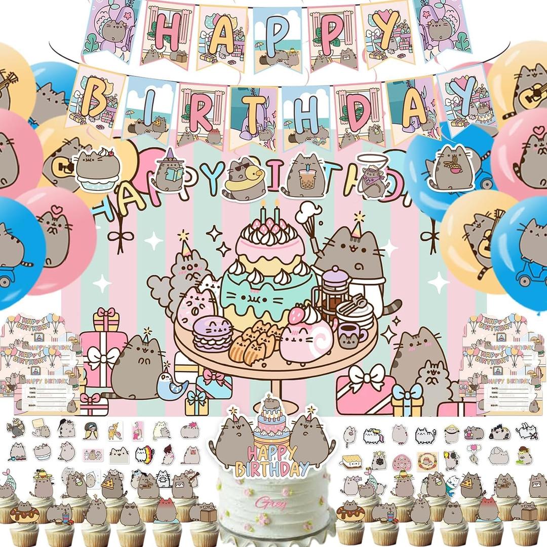 117Pcs Cat Birthday Party Supplies,Include Happy Birthday Banner,Backdrop,Hanging Swirls, Cake Topper, Cupcake Toppers, Invitations,Balloons and Stickers,Kids Cat Theme Birthday Party