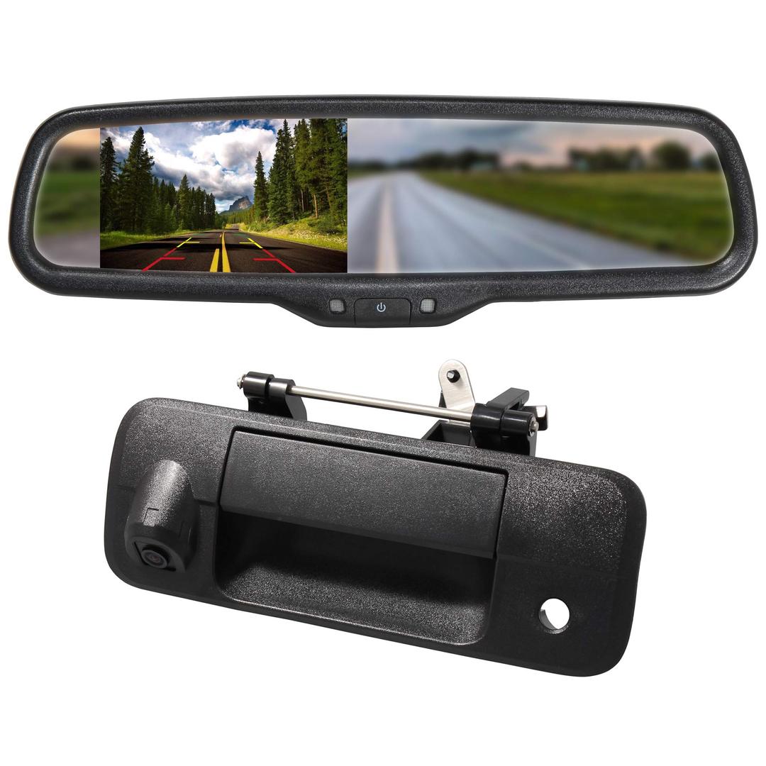 EWAY for Toyota Tundra 2007-2014 4.3" Rear View Mirror Monitor with Tailgate Handle Backup Camera Kit Parking Waterproof CCD Reverse Reversing Night Vision Car Safety Backing Auto Cameras