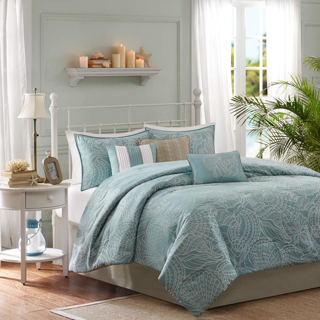 Madison Park Comforter Scenic Design All Season Hypoallergenic Down Alternative Set, Matching Bed Skirt, Decorative Pillows, Queen (90 in x 90 in), Carmel, Coastal Seashell Blue