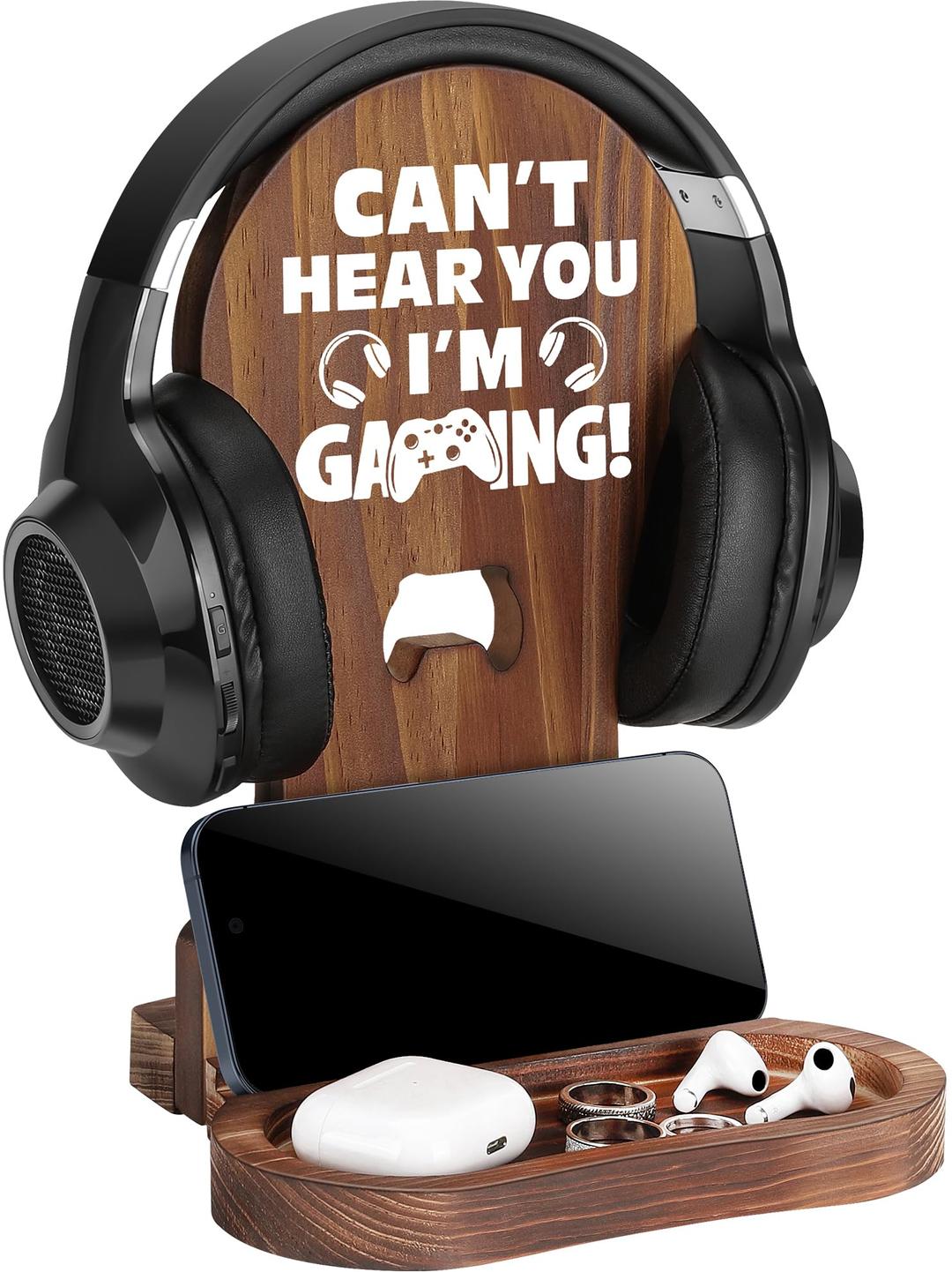 Slothoem-Gamer Gifts for Teenage Boy, Gamer Room Decor for Man, Best Gifts for Son, Boyfriend, Husband, Gaming Accessories, Wooden Gaming Headset Stand for Gaming Desktop- Can't Hear You I'm Gaming