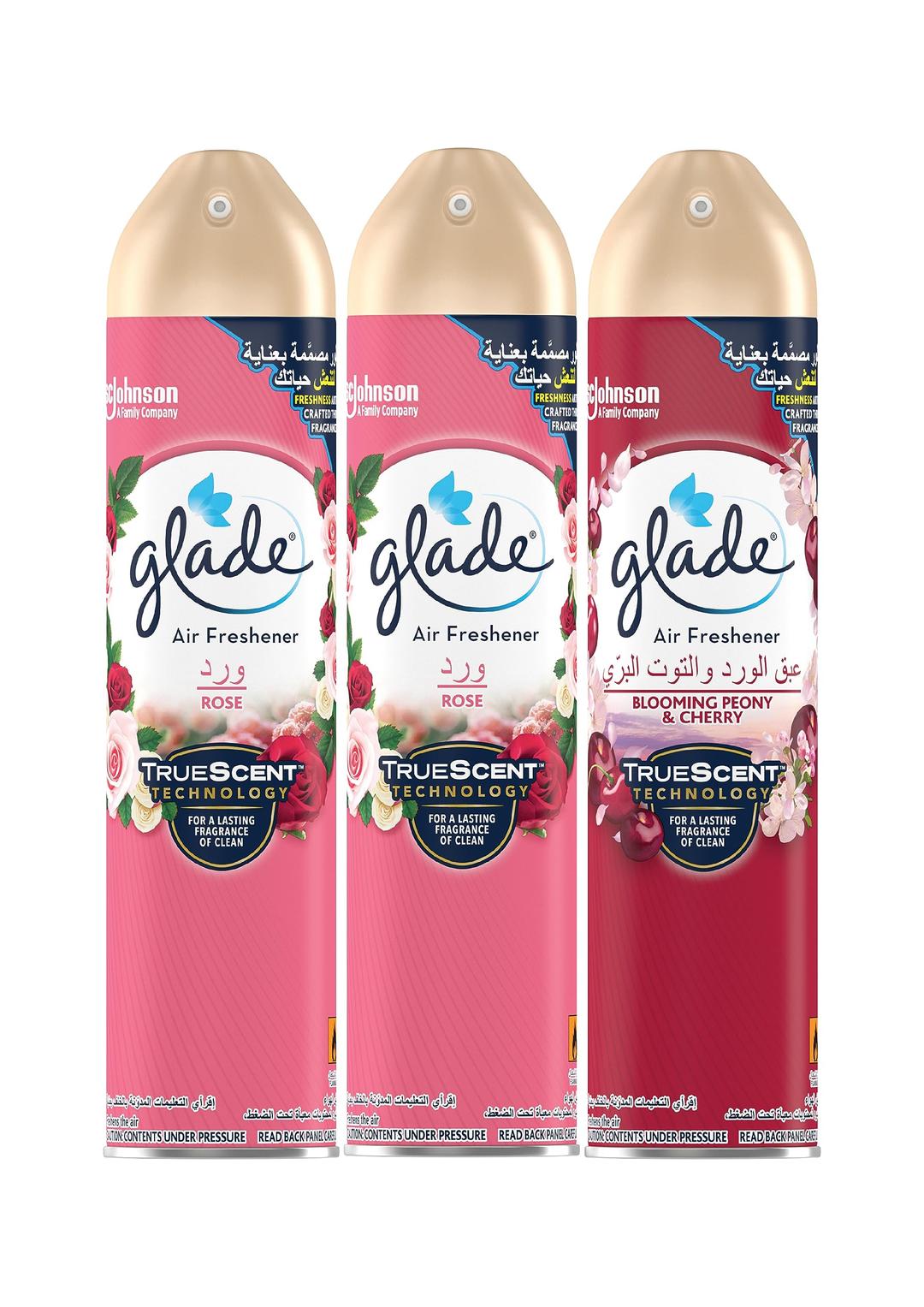 Glade Aerosol 2 x Rose & 1 x Blooming Peony & Cherry Air Freshener, Refresh Every Room In Your Home, 3 x 300ml