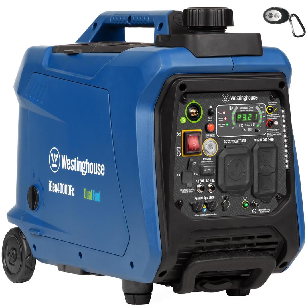 Westinghouse Outdoor Power Equipment 4000 Peak Watt Super Quiet Dual Fuel Portable Inverter Generator, Remote Electric Start, Gas & Propane Powered, RV Ready, CO Sensor, Parallel Capable