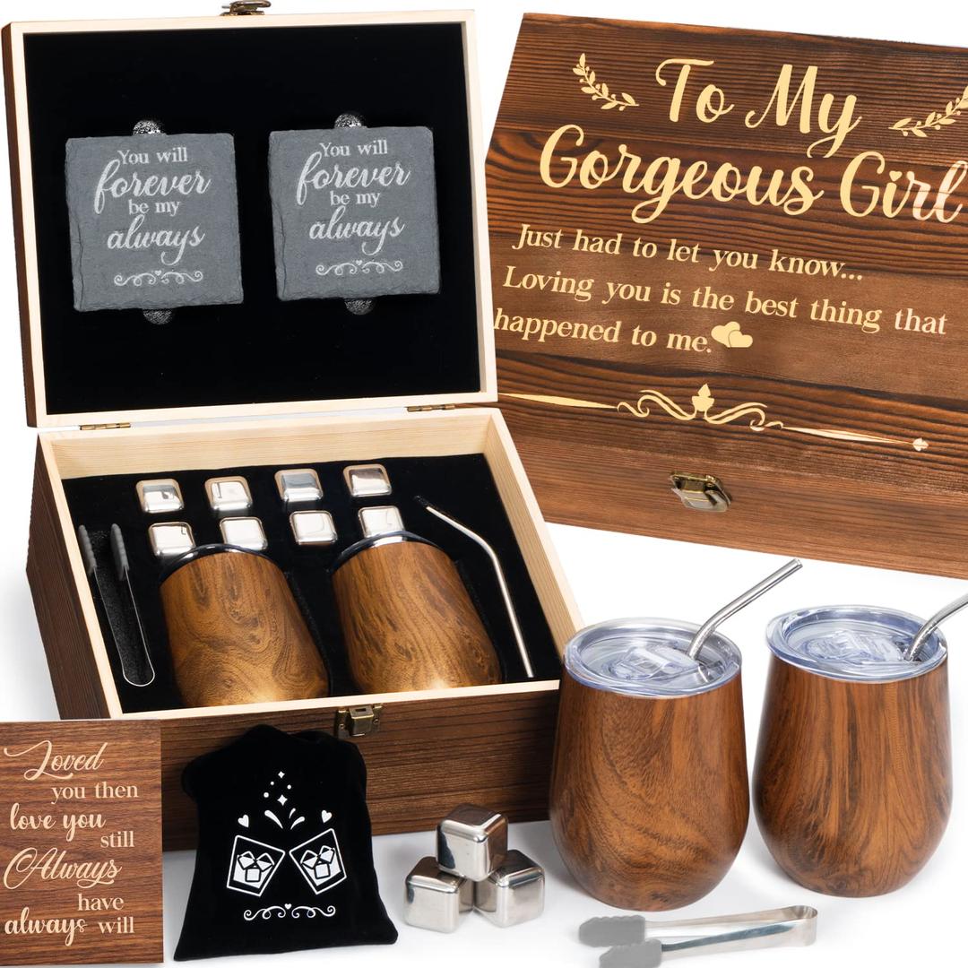 Gift for Her Anniversary Best Birthday Gifts for Girlfriend, Wine Tumbler Gift Set Wood Anniversary 5 Year Gift for Her Romantic, 1st Anniversary for Her 'To My Gorgeous Girl' Engraved Wooden Gift Set