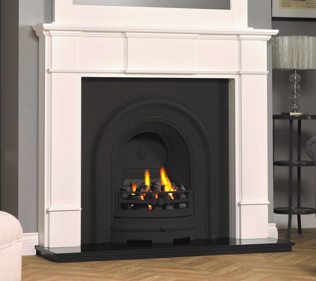 Arched Cast Iron Panel Black Granite White Timber Surround Fire Gas Burner Fireplace - Gas