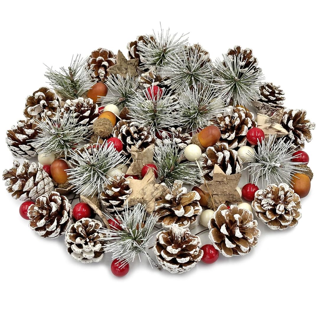 Pextian 108pcs Artificial Acorn and Pine Cones Berry Set Christmas Wreath Making Kit with Pinecones Branch Acorns Red Holly Berry Birch Stars Wreath Making Supplies for Xmas Tree Table DIY Crafts