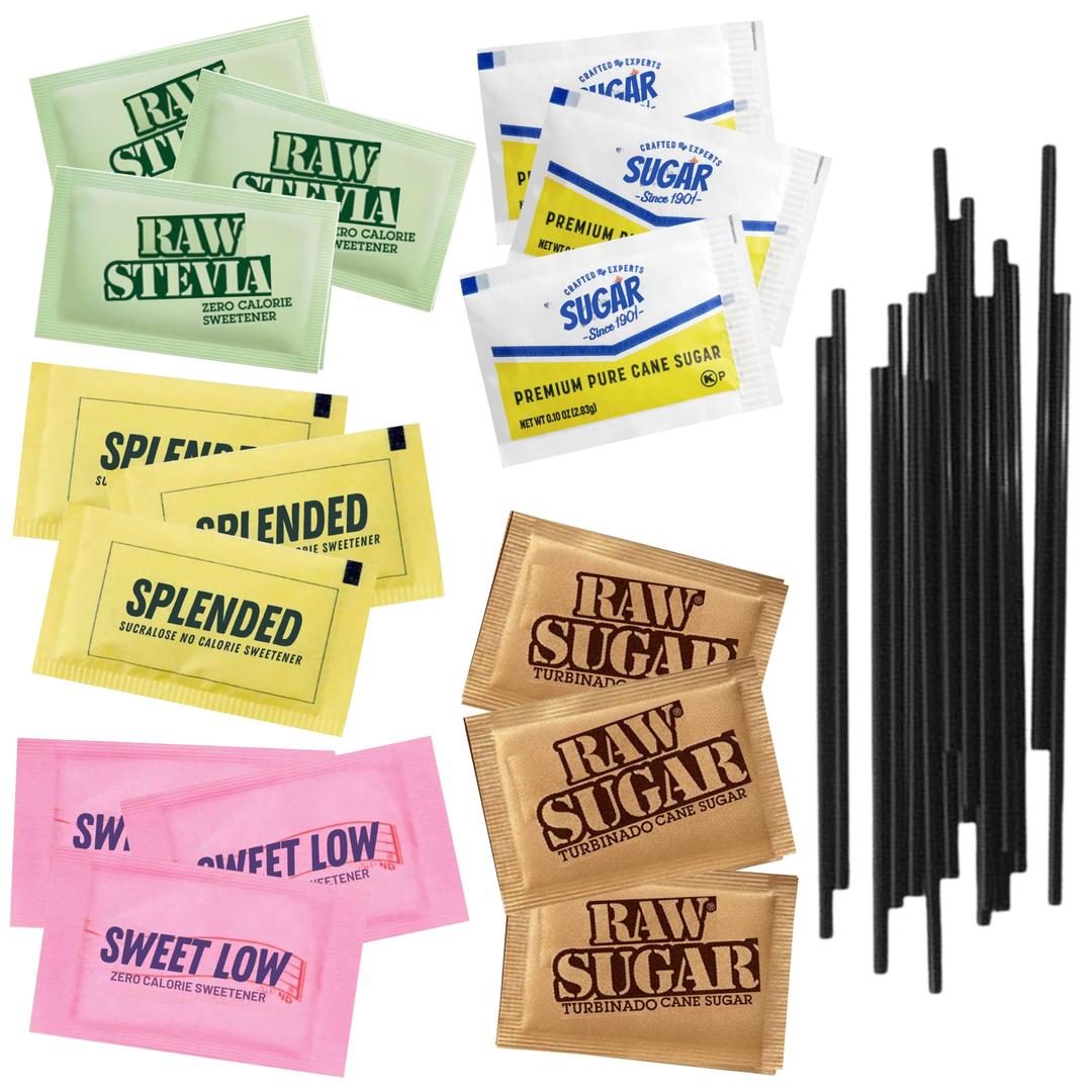 (300 pack, 50 each) Sugar & Sweetener Packets Variety Pack - Cane Sugar Packets, Turbinado Sugar packets, Sugar Substitute Packets, Plastic Coffee Stirrers - Packaged by BOLT BOX