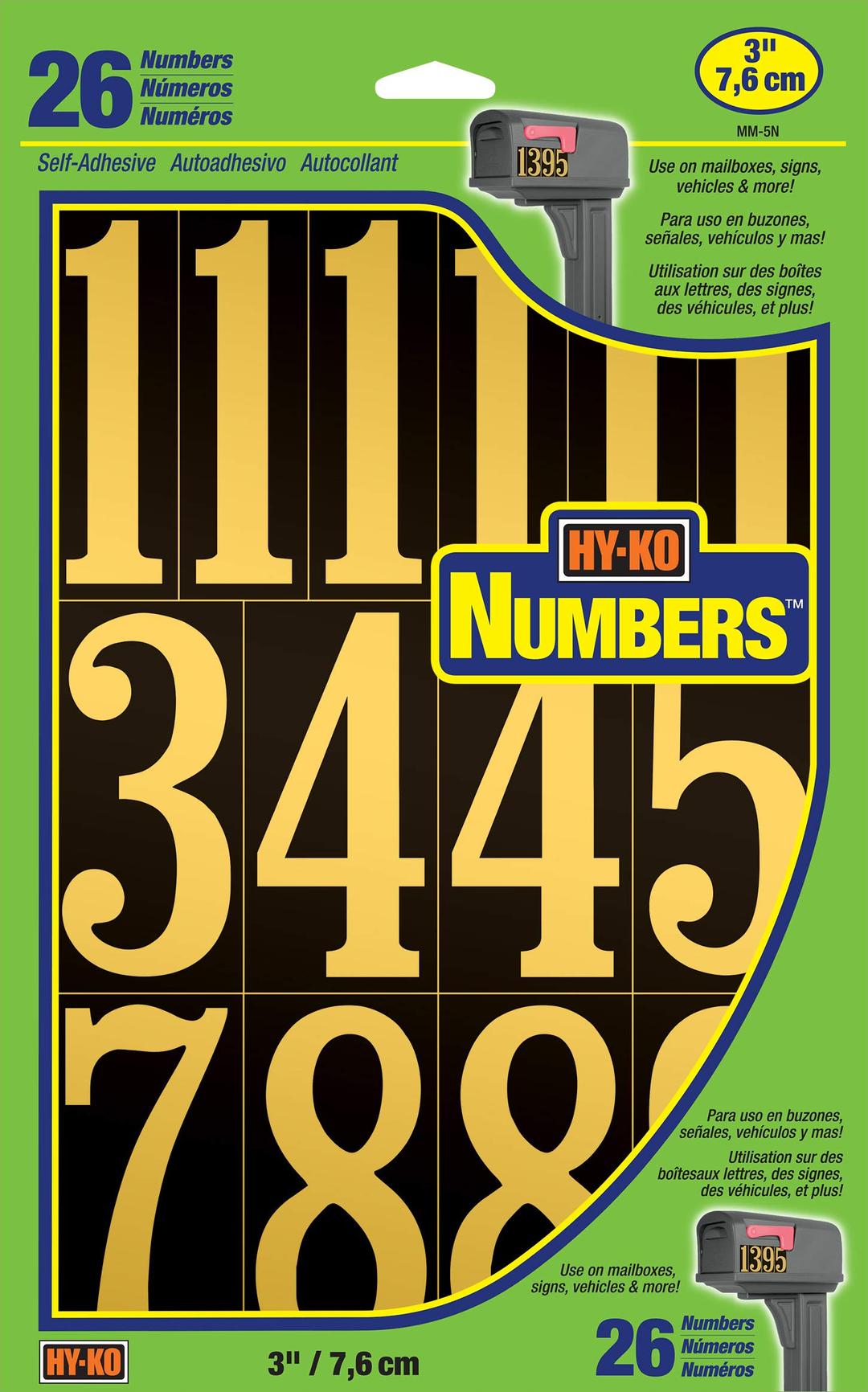 Hy-Ko Products MM-5N Self Adhesive Vinyl Numbers 3" High, Black & Gold, 26 Pieces