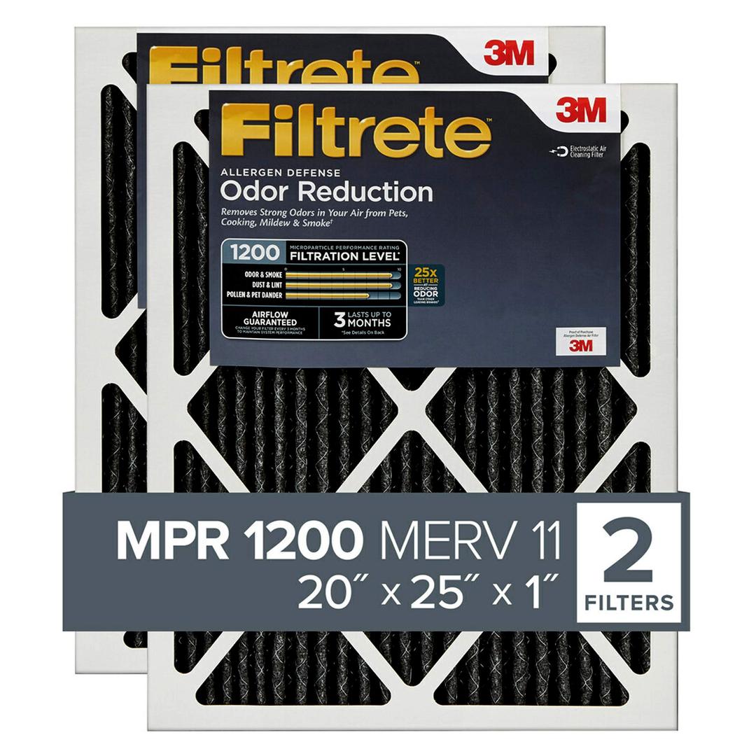 Filtrete 20x25x1 Air Filter, MPR 1200, MERV 11, Allergen Defense Odor Reduction 3-Month Pleated 1-Inch Air Filters, 2 Filters, Black