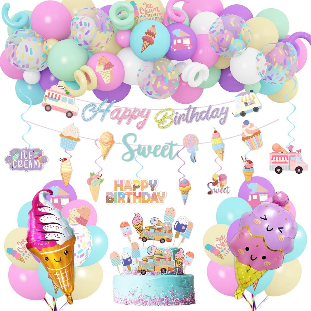 Ouddy Life 99Pcs Ice Cream Birthday Party Decorations, Ice Cream Balloons Arch Garland Kit for Girls with Happy Birthday Banner Sweet One Two Cupcake Toppers Long Twist Balloons for Party Supplies