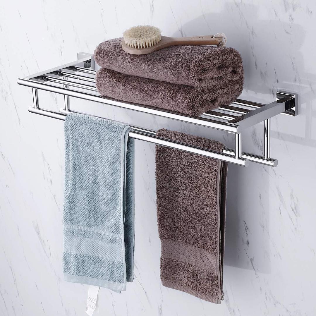 KES Towel Shelf with Double Towel Bar Rack Organizer for Bathroom Hotel 23.3-Inch Stainless Steel Modern Wall Mount Polished Finish, A2112S60