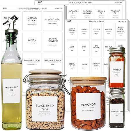 403 Pcs Kitchen Pantry Labels for Food Containers, 3 Sizes Preprinted Minimalist Waterproof Pantry Labels, With Oil & Vinegar Bottle Labels, Spice Jars Labels, Expiry Labels and Blank Labels