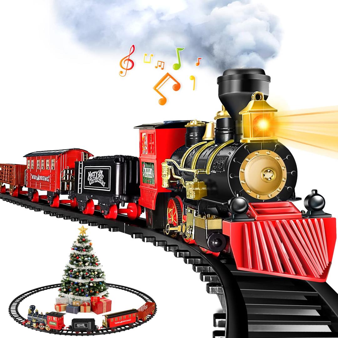 OleFunTrain Set, Electric Train with Water Steam, Sounds & Lights, Model Christmas Train Set for Under The Tree, Railway Kit Gifts for 3, 4, 5, 6, 7, 8+ Year Old Boys & Girls