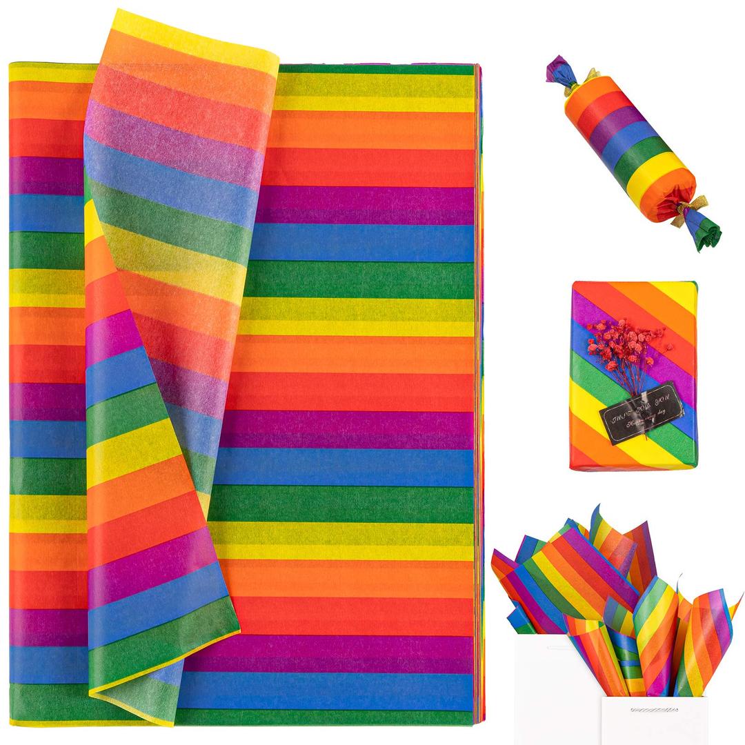 Whaline 100 Sheet Rainbow Tissue Paper Crepe Paper Colorful Stripes Art Tissue Bulk Colored Gift Wrapping Paper for DIY Art Craft Gay Pride Party Gift Bags Birthday Wedding Favors