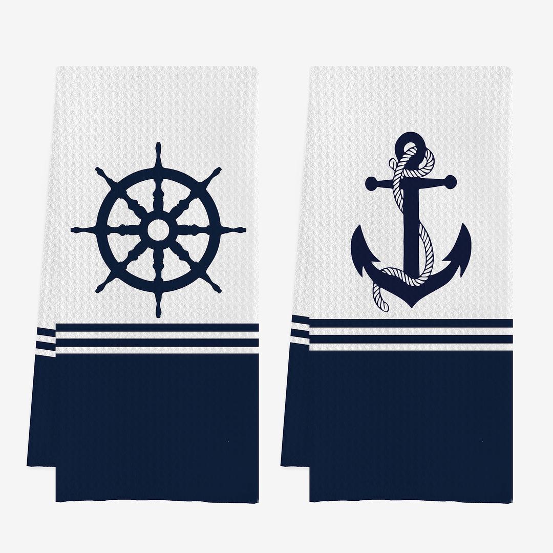 IWXYI Nautical Anchor Sailing Waffle Weave Kitchen Dish Towels for Kitchen 16×24 Inches Set of 2,Nautical Navy Beach Boat Decorative Hand Towels Dish Cloths for Bathroom Kitchen Washing Drying Dishes