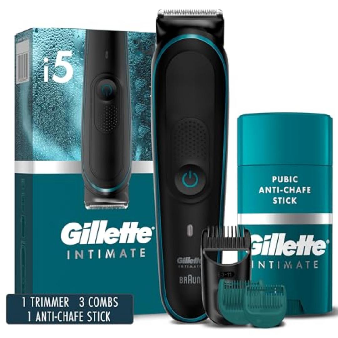 Gillette Intimate Men’s Pubic Hair Trimmer, SkinFirst Pubic Hair i5 Trimmer for Men, Waterproof, Cordless for Wet/Dry Use, Shaver for Men, Lifetime Sharp Blades, Includes Anti Chafe Stick, Gift Set