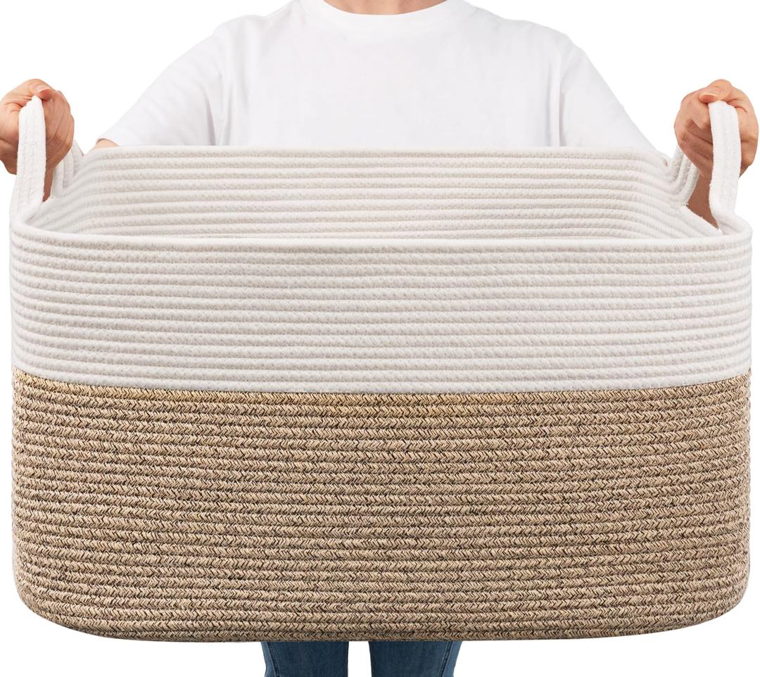 Goodpick Large Blanket Basket, Woven Basket for Storage Rectangle Dirty Clothes Basket for Laundry, Living Room, Nursery, Bedroom Rope Storage Basket for Blankets, Toys, 21.6" x 14.9" x 11.8"