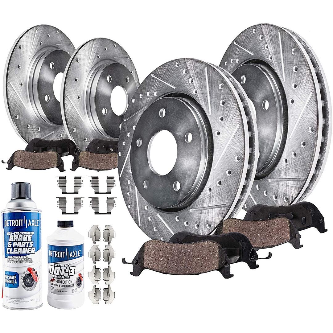 Detroit AxleBrake Kit for Chrysler Town & Country Grand Caravan Journey Routan Drilled & Slotted Brakes Rotors Ceramic Brake Pads Replacement : 12.99" inch Front Rotor and 12.91" inch Rear Rotor