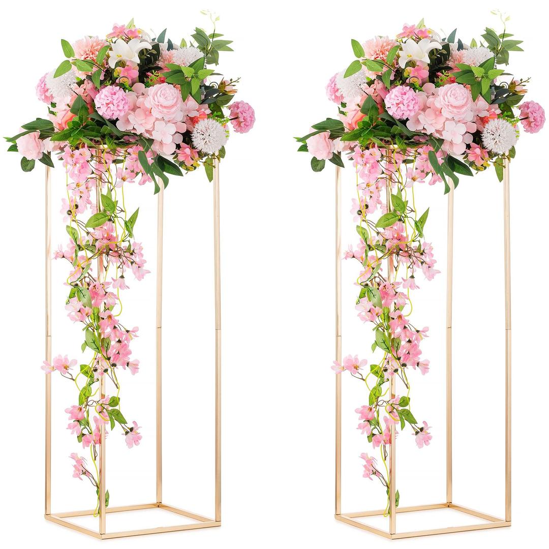 Inweder Column Vases Wedding Centerpieces for Tables - 2 Pcs Metal Flower Stand, Gold Tall Floor Vase, 31.5in Rectangular Geometric Flower Rack for Wedding Decorations, Event, Home, Party