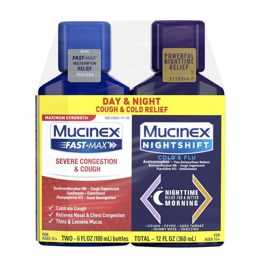 Mucinex Fast-Max & NightShift Combo Pack - Max Strength Cough & Cold Medicines For Mucus Relief, Chest Congestion, Nasal Congestion, Sinus Congestion, Sinus Pressure, Cough Symptom Relief (2x 6 FL OZ)