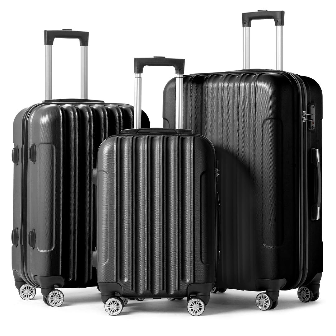 Karl home Luggage Set of 3 Hardside Carry on Suitcase Sets with Spinner Wheels & TSA lock, Portable Lightweight ABS Luggages for Travel, Business - Black(20/24/28)