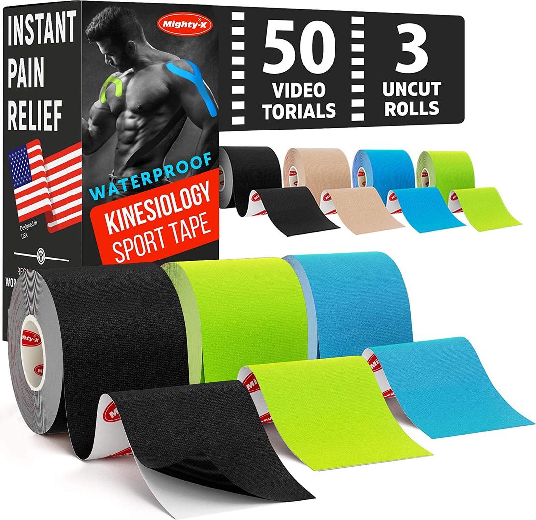 Waterproof Kinesiology Tape - [3 Rolls] - Kinetic Tape - Joints Support & Muscle Pain Relief - 16.4 ft Uncut Knee Tape +50 Videos - Muscle Tape