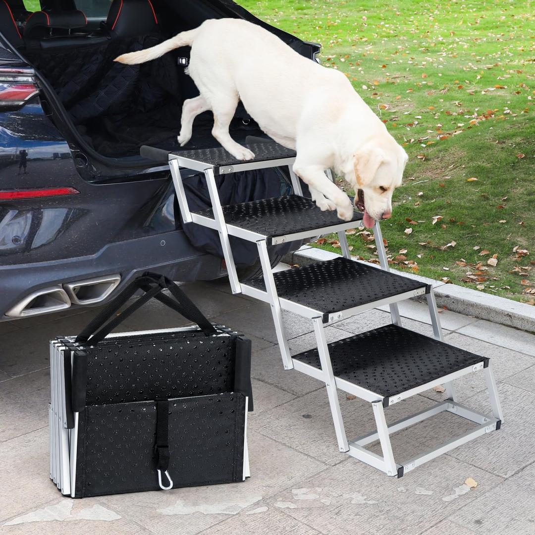 Uross Dog Stairs for Car 4 Steps - Collapsible Dog Steps Ramp for Car and SUV, Aluminum Dog Ramp Step Stairs for Large Dogs,Telescoping Dog Pet Step Stairs Ladder for Truck, High Bed