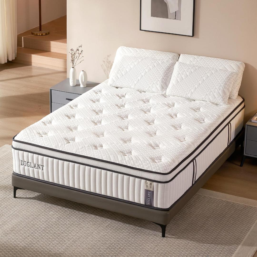 Queen Mattress, DIGLANT 14Inch Cooling Gel Memory Foam Hybrid Mattress with Pocket Springs, Supportive & Pressure Relief, Medium Plush Feel Queen Size Mattress in a Box, CertiPUR-US Certified, 60"*80"