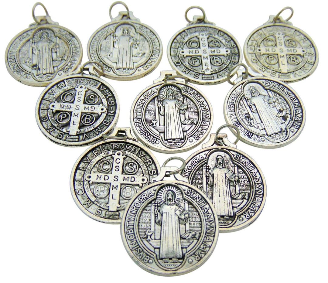 CB Set of 10 St Benedict Medals 7/8 Inch Metal Saint Pendant Bulk Lot