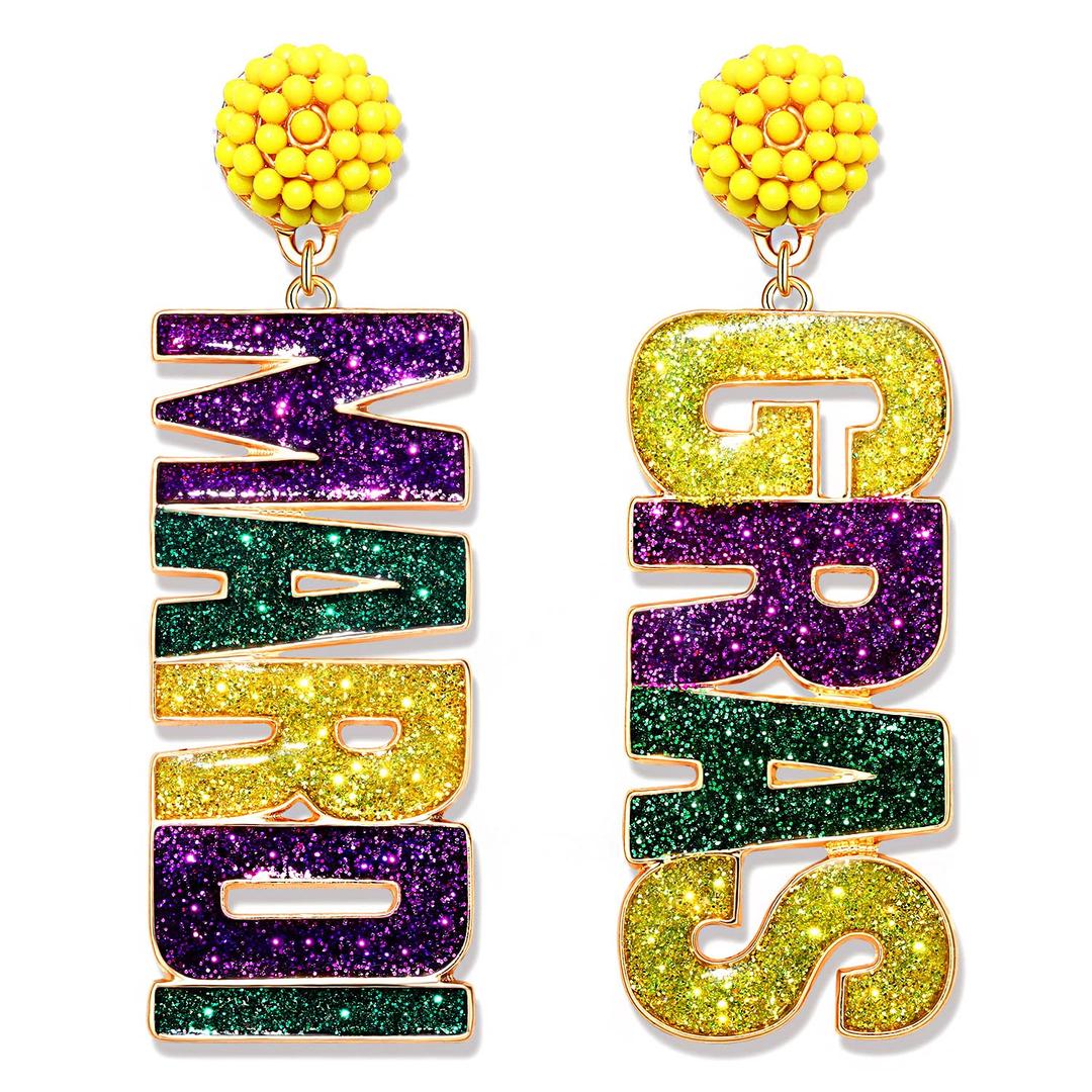 Mardi Gras Earrings Beaded Mask Letter MARDI GRAS Dangle Earrings for Women Crown Carnival Drop Earrings Holiday Jewelry Gifts