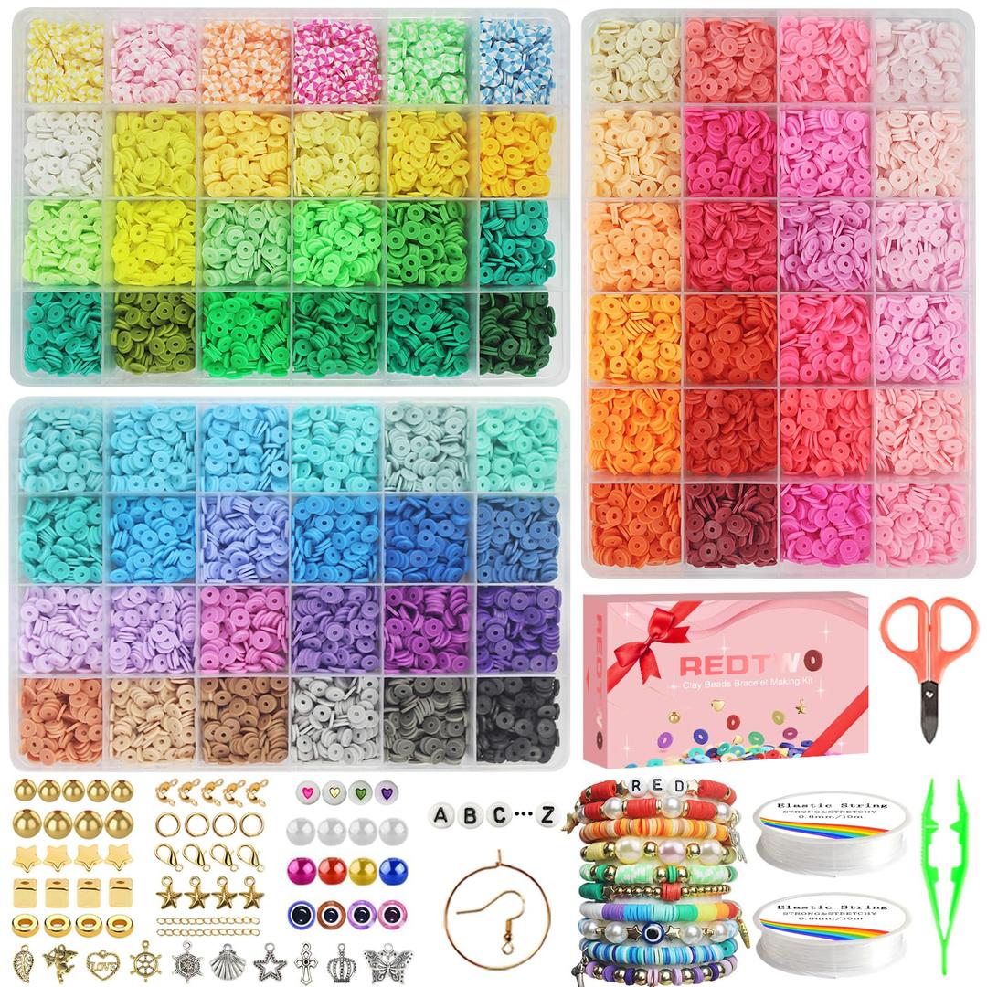 Redtwo 15000 Pcs Clay Beads Bracelet Making Kit, 3 Boxes 72 Colors Friendship Bracelet Kit Flat Polymer Heishi Beads for Jewelry Making, Crafts Gift for Girls Ages 6-12