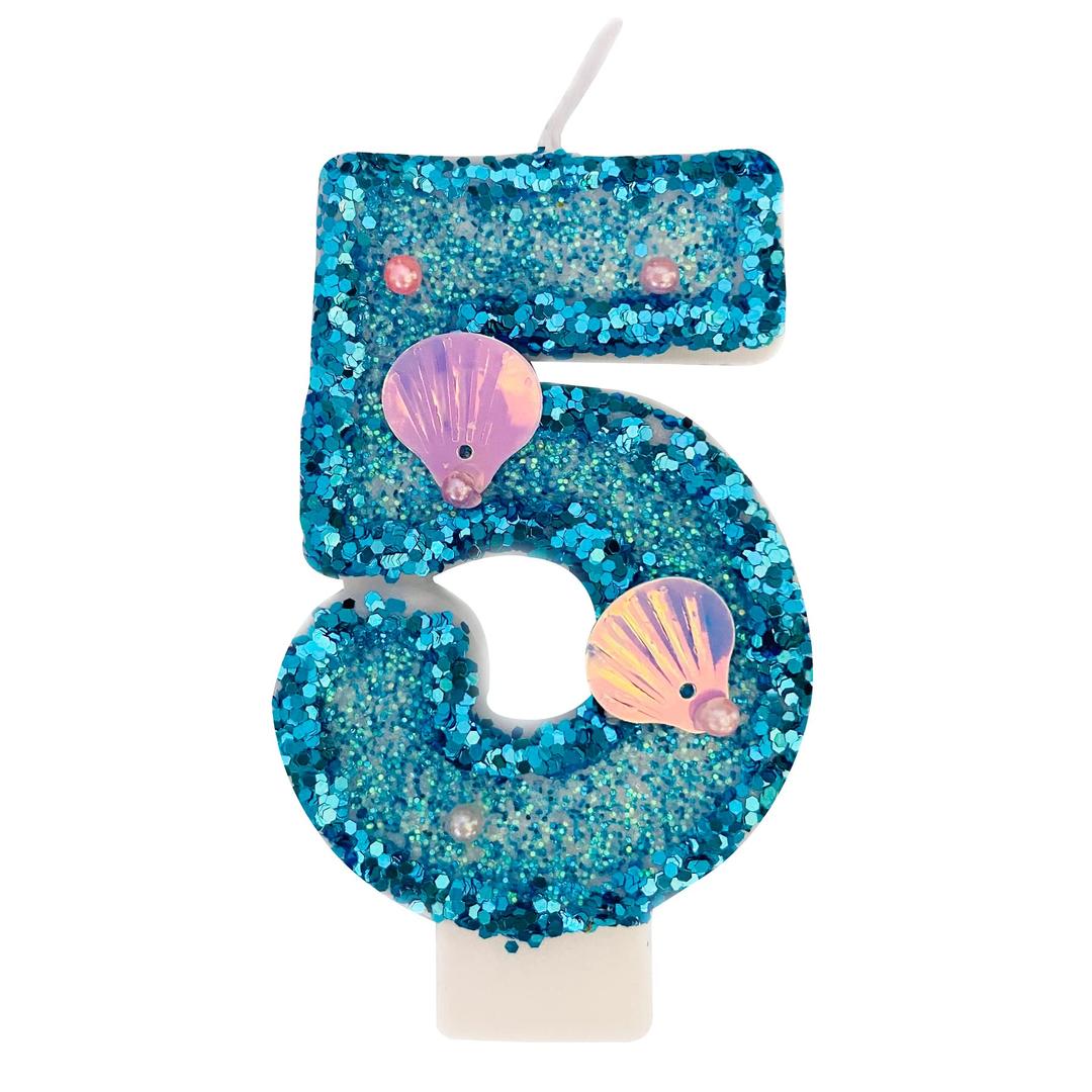 Blue Number Candle,Shell Sequins Number Candles for Birthday Cakes Mermaid Themed Party Supplies Number 5 Candle