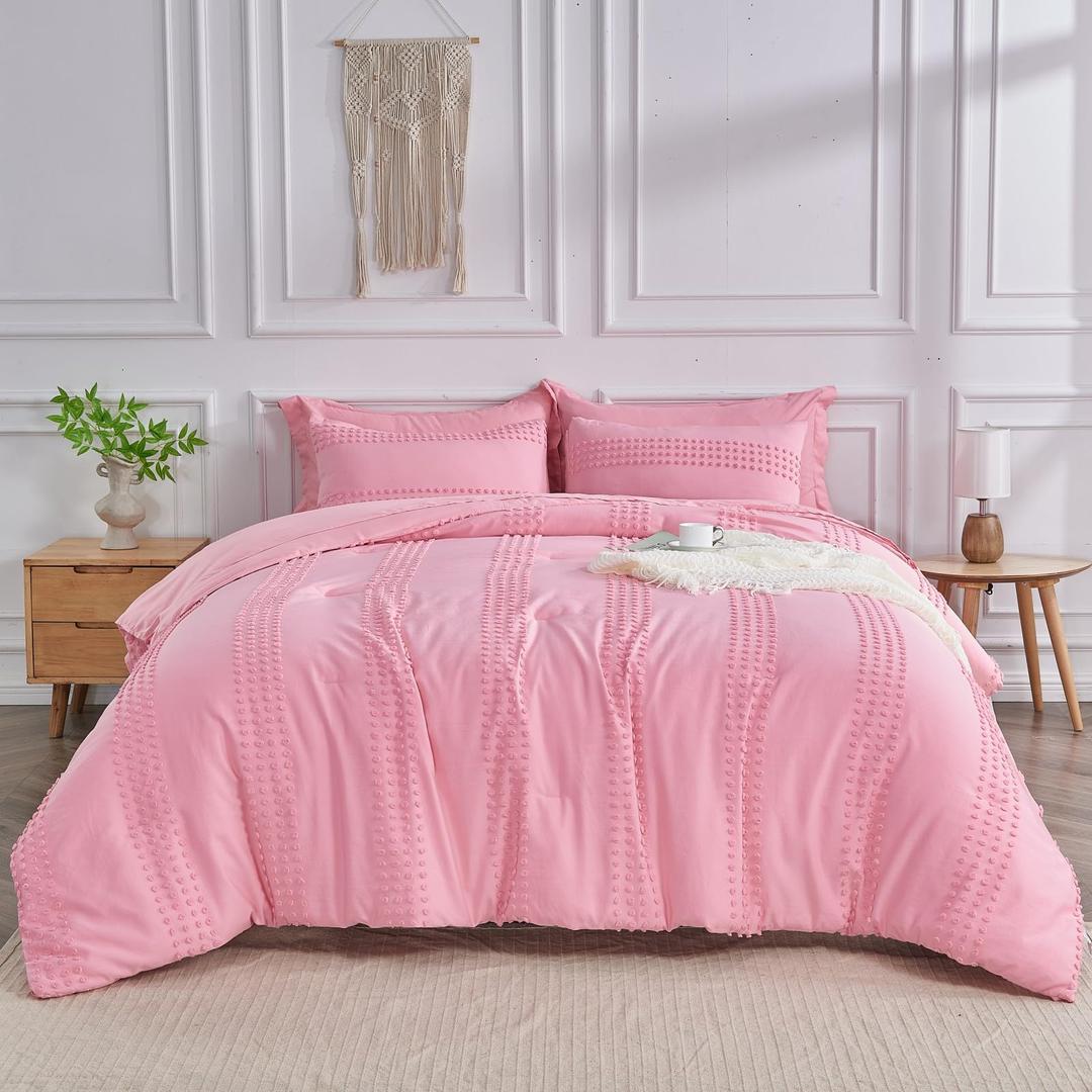 ENJOHOS Twin XL Comforter Set - Boho Bedding Twin for Teen Girls, 3 PCS Pink Tufted Comforter with Pom Pom Design for All Season, Lightweight Soft Microfiber Cooling Comforter with 2 Pillow Cases