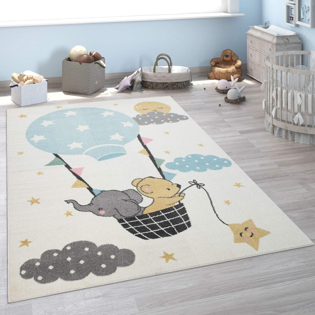 Paco Home Kid's Rug for Children's Bedroom with an Elephant, Bear and Balloon Motive in Beige, Size:3'11" x 5'3"