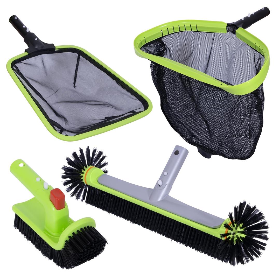 Sepetrel Deluxe Swimming Pool Cleaning Kit Including Professional Leaf Skimmer Net,Half-Depth Fine Mesh Net,17.5" Pool Brush Head & Hand Scrub Brush(NO Pole)