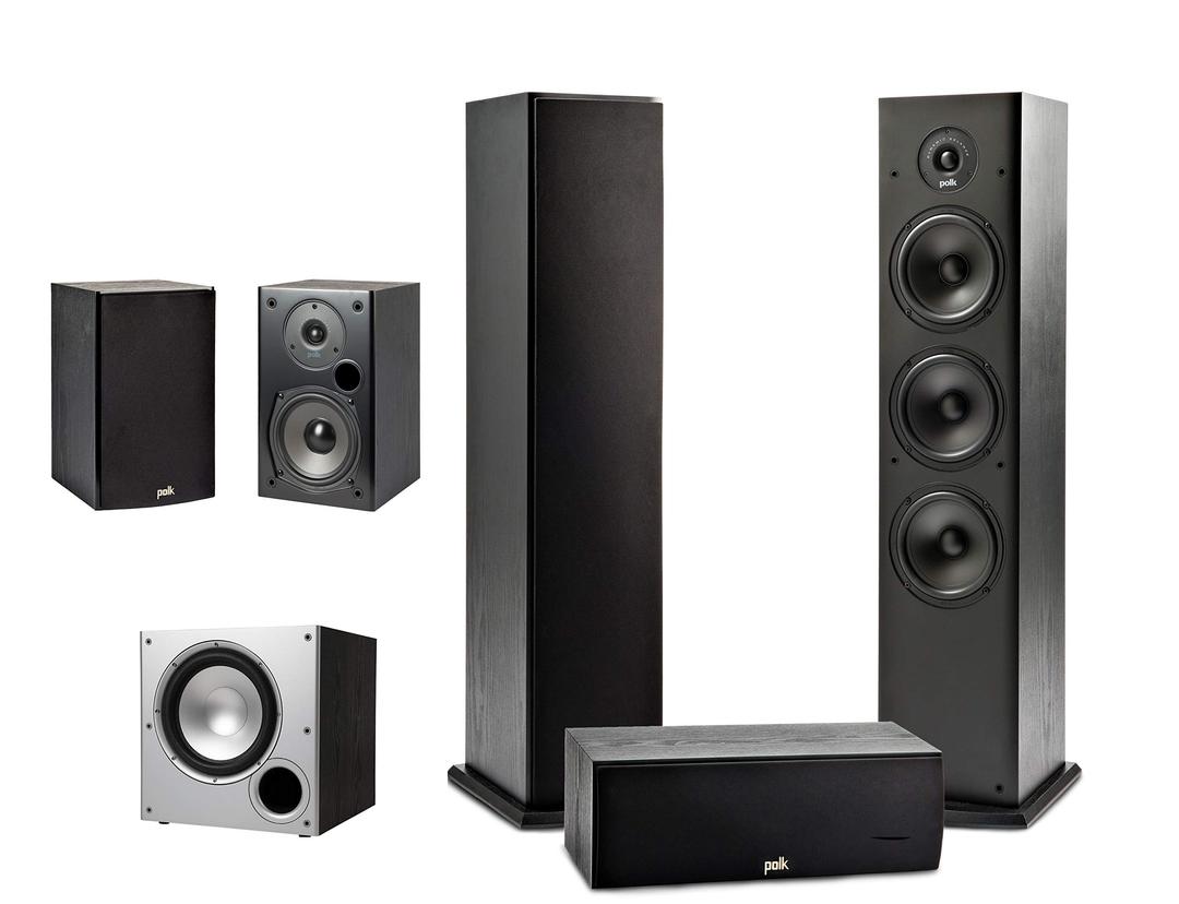 Polk Audio 5.1 Channel Home Theater System with Powered Subwoofer |Two (2) T15 Bookshelf, One (1) T30 Center Channel, Two (2) T50 Tower Speakers, PSW10 Sub | Alexa + HEOS