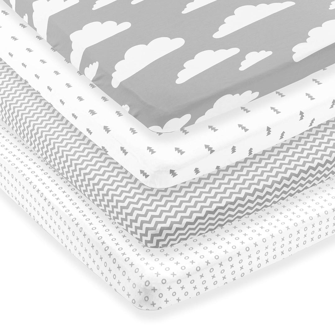 Pack n Play Sheets – Premium Pack and Play Sheets 4 Pack – 100% Super Soft Jersey Knit Cotton Playard Mattress Sheets – Portable Playpen Fitted Play Yard Mini Crib Sheet for Boy & Girl (24 x 38 x 5)