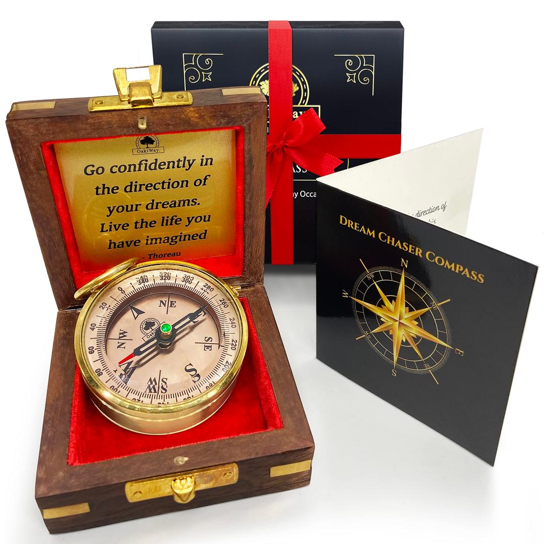 The Dream Chaser Compass in Wooden Box - Graduation Gifts for Him, Birthday Gifts for Men, Son, Husband - Inspirational, Motivational, Christmas, 2024 Unique Office Decor - Greeting Card Included