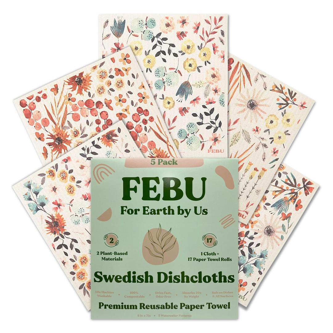 FEBUSwedish Dishcloths for Kitchen | 5 Pack Watercolor Dish Towels | Reusable Paper Towels Washable | Non-Scratch Cellulose Sponge Cloths | No Odor, Biodegradable, Swedish Cloths