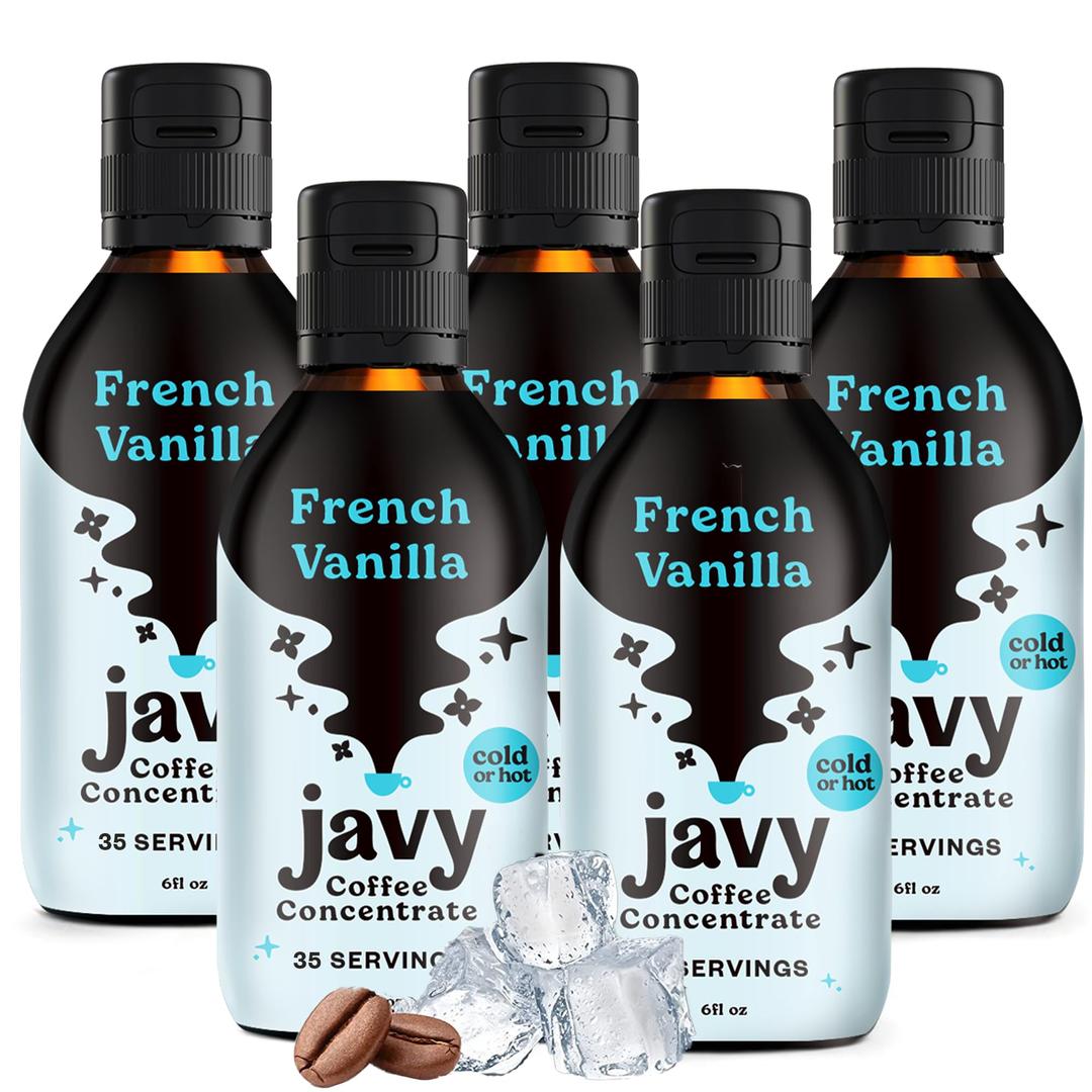 Javy Coffee Concentrate - Cold Brew Coffee, Perfect for Instant Iced Coffee, Cold Brewed Coffee and Hot Coffee, 5 Pack - French Vanilla