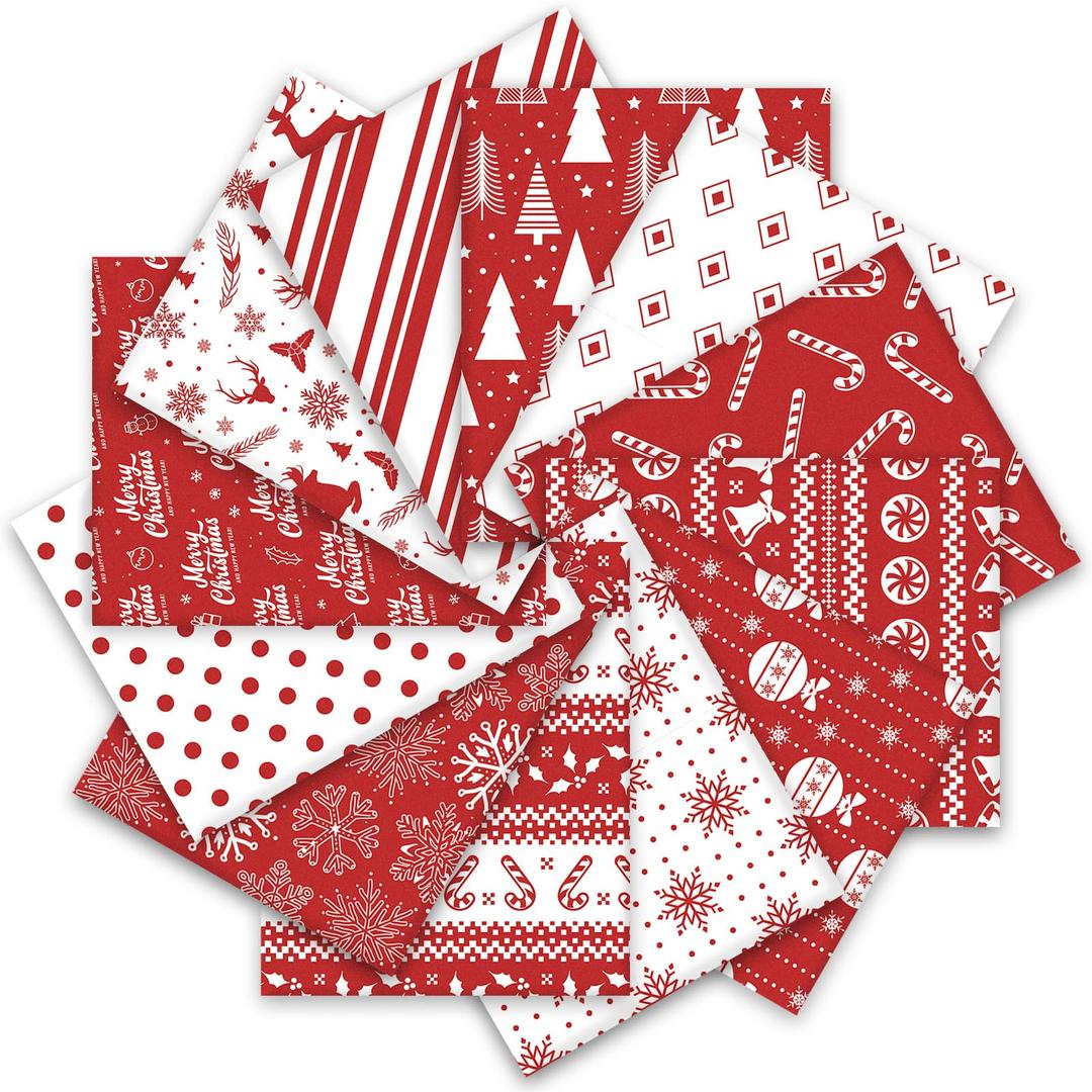 Whaline 12Pcs Christmas Cotton Fabric Bundles White Red Xmas Tree Snowflake Reindeer Printed Fat Quarters Holiday Sewing Fabrics for DIY Handmade Crafting, 18 x 22 Inch