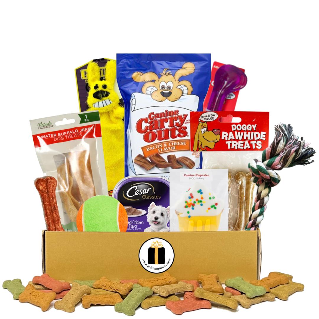 Barker Dog Box! Dog Gift Box with Dog Chew Toy and Treats! Dog Gift Basket for Old Dogs, New Dogs, Large Dogs, Puppy Dogs, Neighbor's Dogs and More! (Deluxe Barker Box)