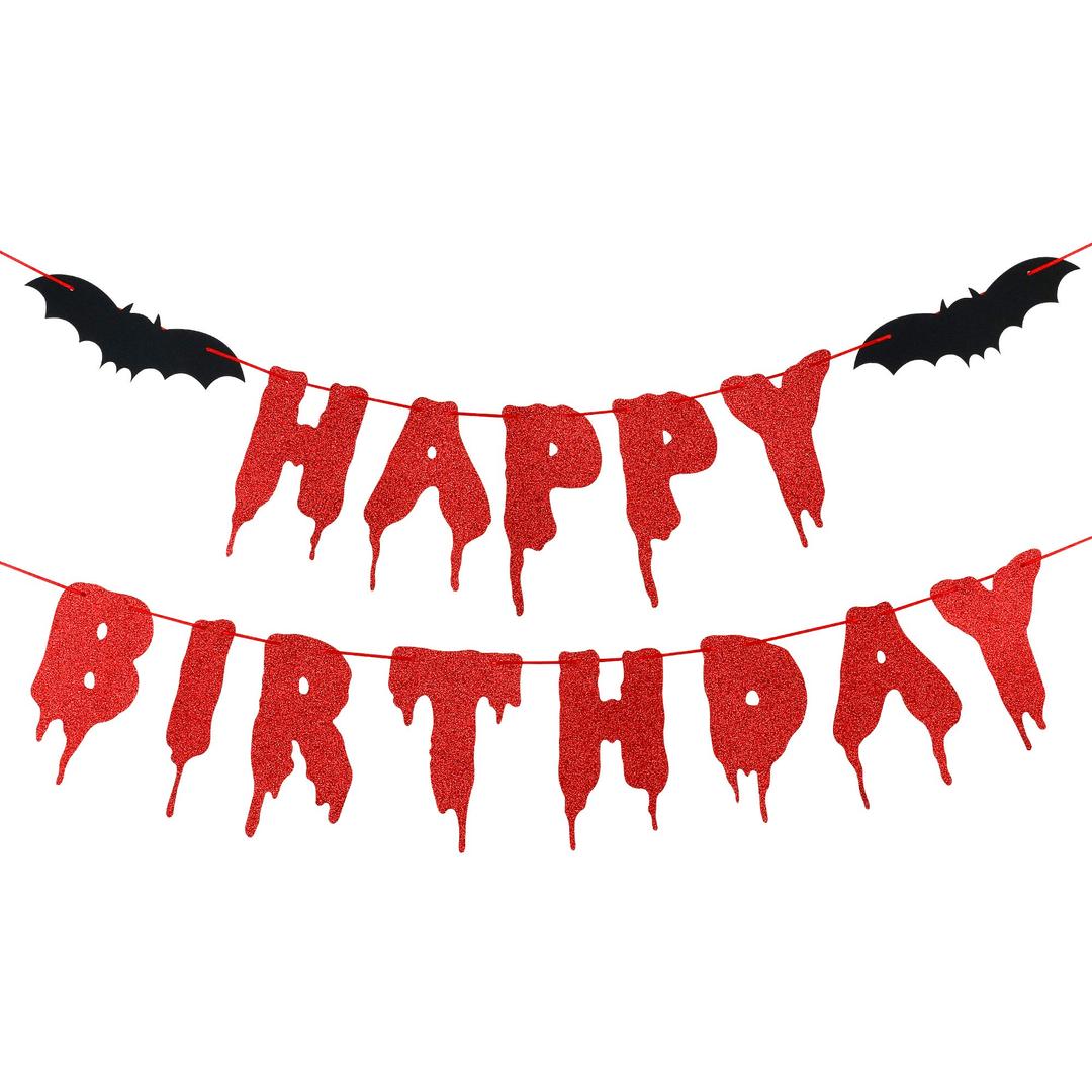 TeePolly Red Glitter Halloween Happy Birthday Banner Halloween Horror Zombie Birthday Banner Halloween Bloody Horror Movie Themed Birthday Party Decorations Supplies