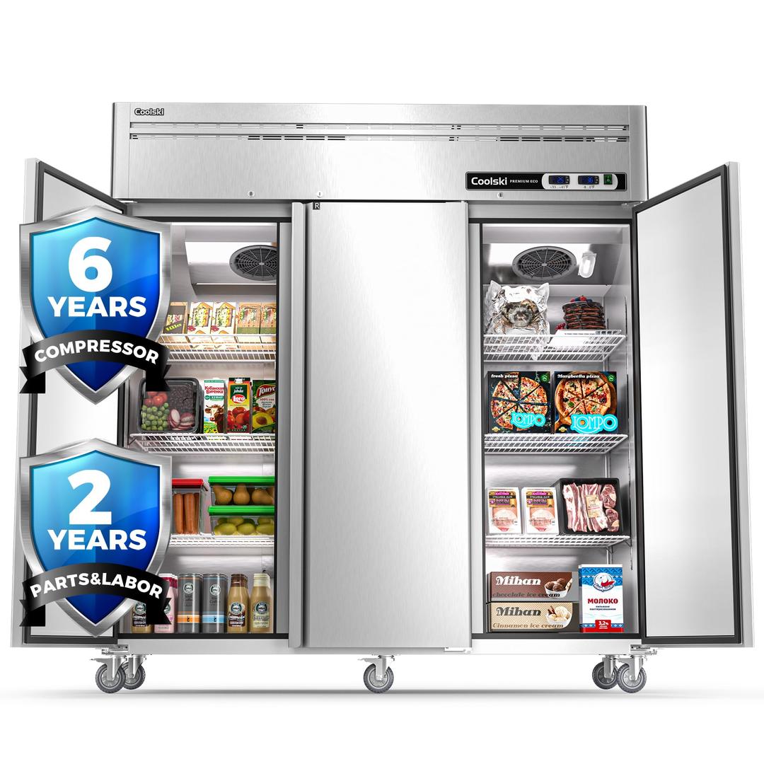 Dual Temp Commercial Refrigerator 3 Door Upright 72" W, 54 Cu.ft Reach in Fan Cooling Commercial Refrigerator and Freezer Combo for Restaurant, Kitchen, Garage, Food Truck, School, Church