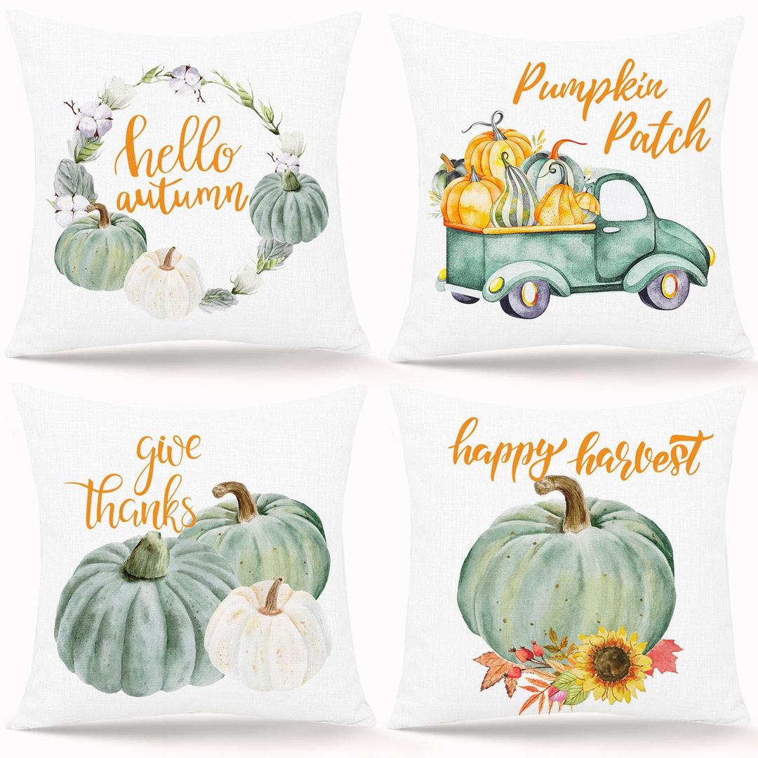 Whaline 4 Pieces Fall Pillow Covers Green Pumpkin Throw Cushion Cover Hello Autumn Pillow Case Cushion Case for Fall Harvest Thanksgiving Sofa Couch Bedroom Home Office Decor, 18" x 18"