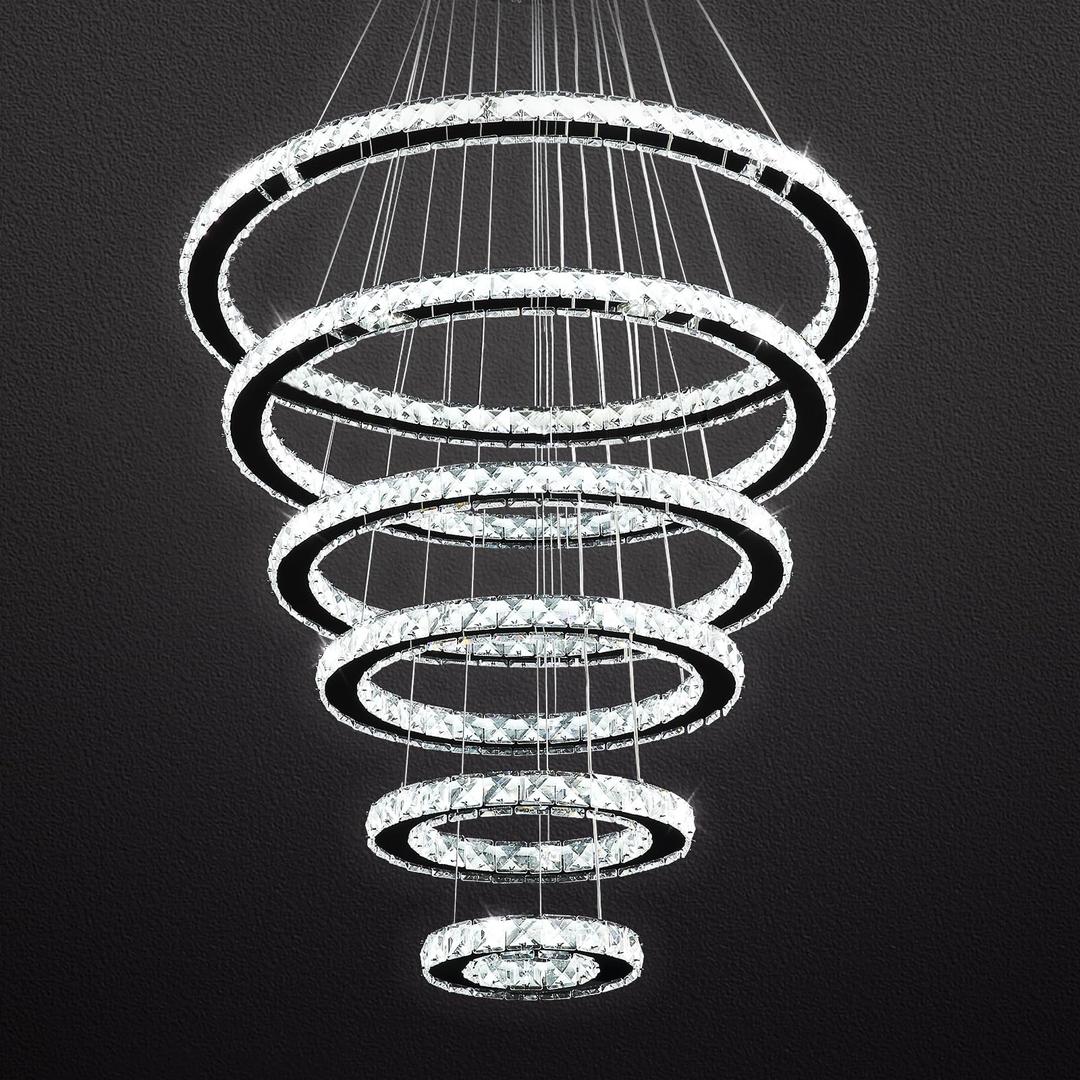 Siljoy Modern Crystal Chandelier Lighting, 6 Ring Chandelier LED Ceiling Lights Fixtures with 3-Color, High Ceiling Foyer Chandelier for Living Room Dining Room Staircase, D8-12-16"-20"-24"-28"