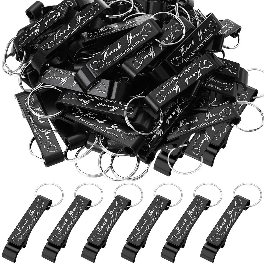 Dandat 100 Pcs Bottle Opener Keychain Bulk Thank You Wedding Favors for Guests Aluminum Wine Beer Opener Engraved Wedding Guest Gifts for Birthday Party Graduation Souvenirs(Black)