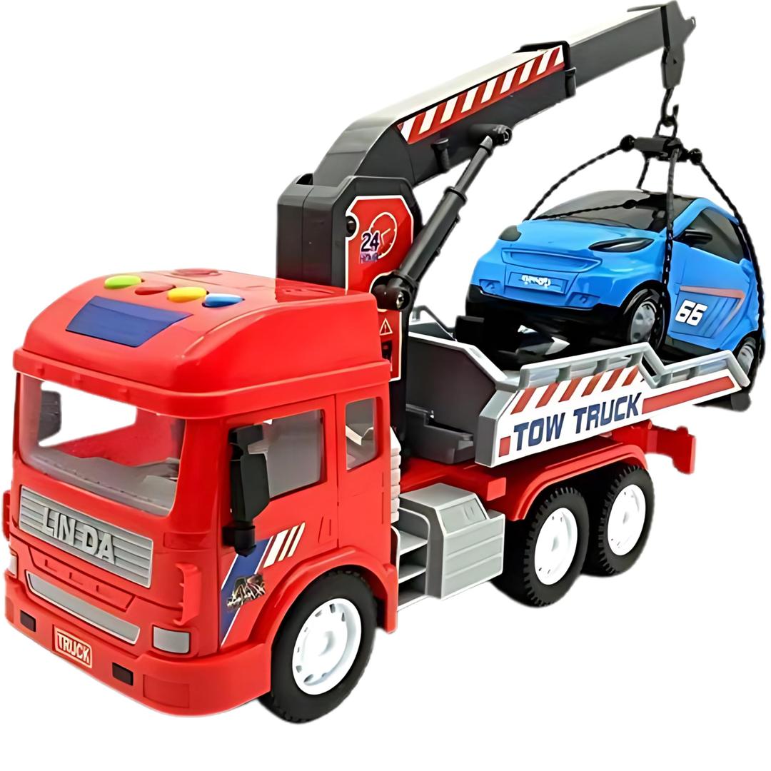 LUMO BRILLIANT TOYS 6-Wheel Friction Tow Truck with Small Car - Lights & Music, Eco-Friendly, BPA-Free, Durable & Safe Toy for Kids