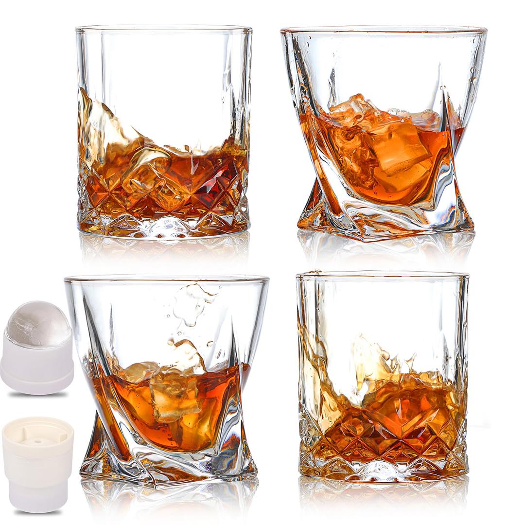 CUCUMI 4pcs 10oz Rocks Glasses, Old Fashioned Scotch Glasses, 4pcs Round Ice Ball Molds for Drinking Bar Glassware Gifts